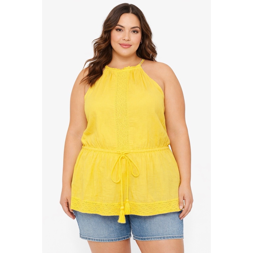 Lane Bryant Plus 18 Top Bright Yellow Halter Drawstring Peplum Summer Spring NEW